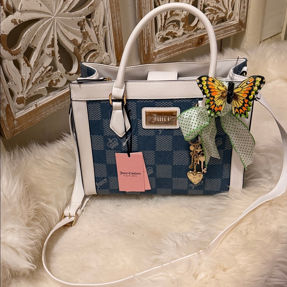 Juicy Couture Navy and White Satchel with paper Butterfly on ribbon 🎀